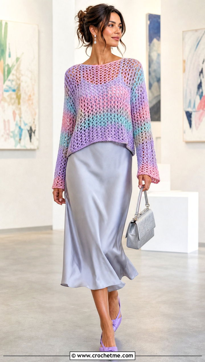 Pastel Open Weave Tom Daley Crochet Sweater With Satin Skirt - 25 tom daley crochet sweater outfit ideas