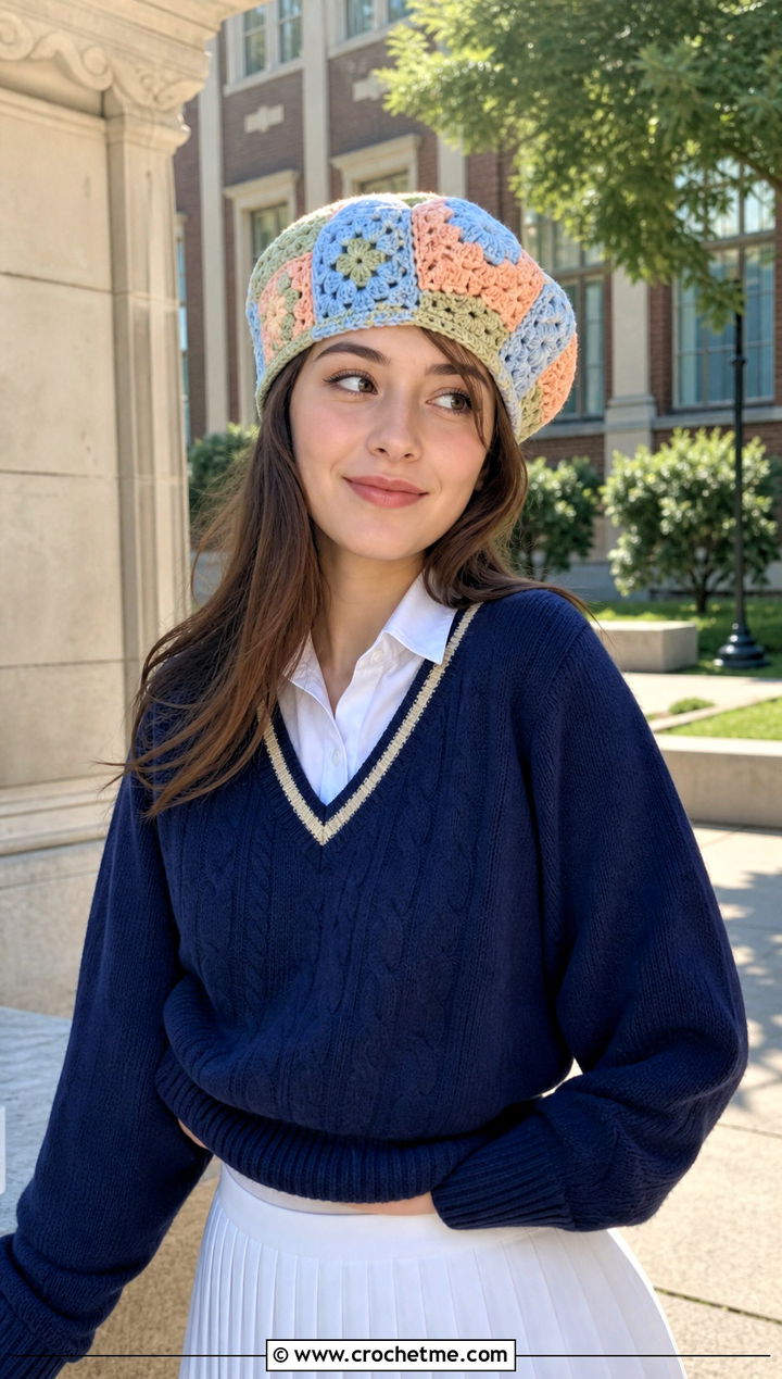 Pastel Patchwork Crochet Granny Square Beret With Tennis Skirt - 25 Crochet Granny Square Beret outfit ideas