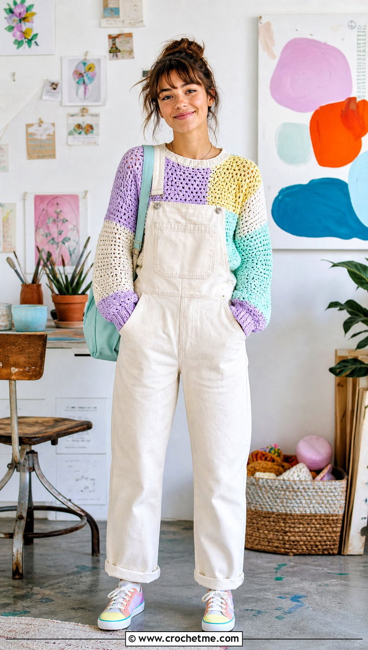 Pastel Patchwork Crochet Sweater With Ecru Overalls - 30 crochet block sweater outfit ideas