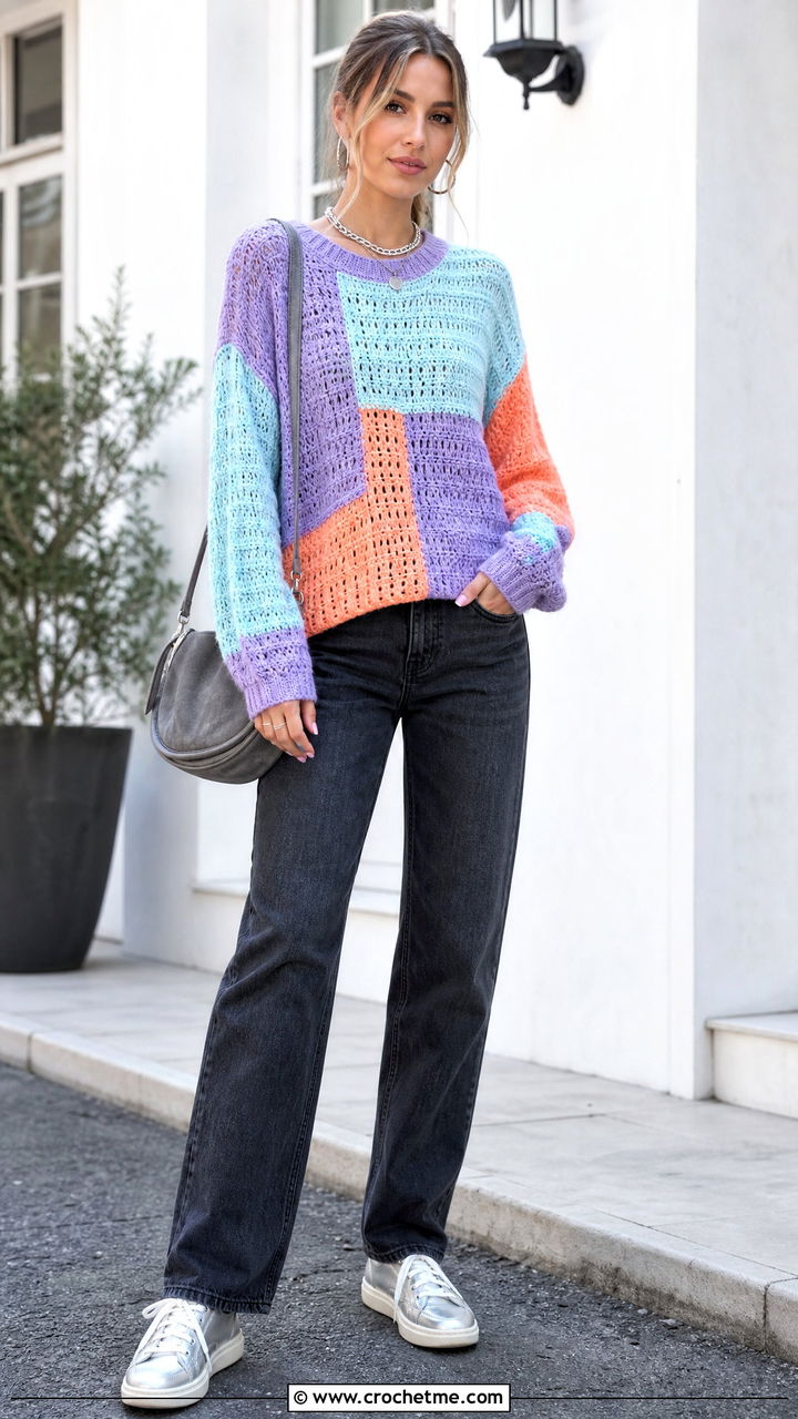Pastel Patchwork Crochet Sweater With Gray Jeans - 35 patchwork crochet sweater outfit ideas