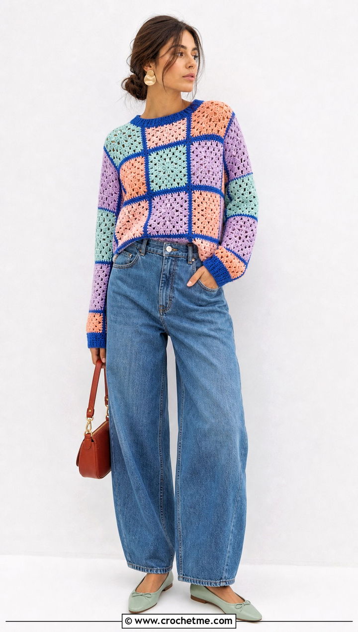 Pastel Patchwork Sweater With Barrel Leg Jeans - 30 crochet patchwork sweater outfit ideas