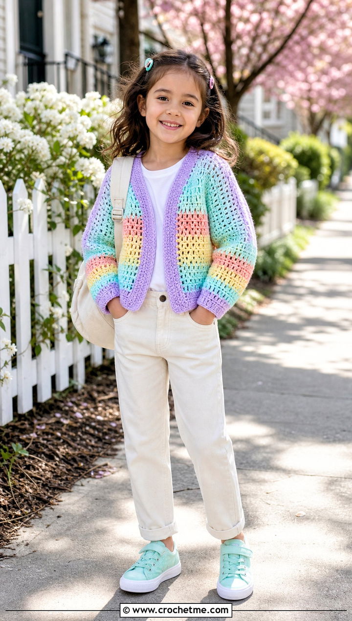 Pastel Rainbow Childs Hexagon Cardigan With White Denim - 15 Crochet Childs Hexagon Cardigan outfit ideas