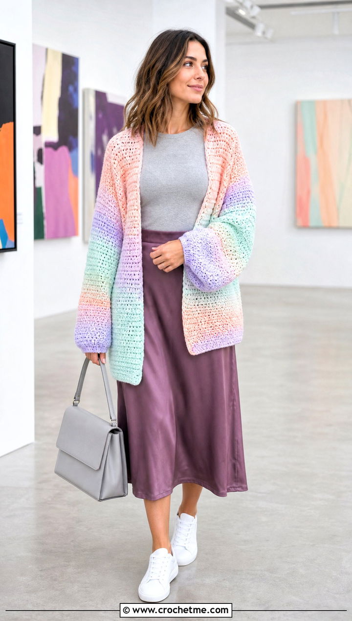 Pastel Rainbow Crochet Cardigan With Satin Skirt - 25 Rainbow Crochet Cardigan outfit ideas