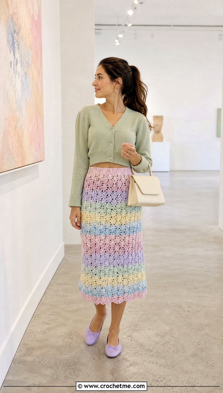 Pastel Rainbow Crochet Midi Skirt With Cropped Cardigan - 25 Rainbow Crochet Skirt outfit ideas