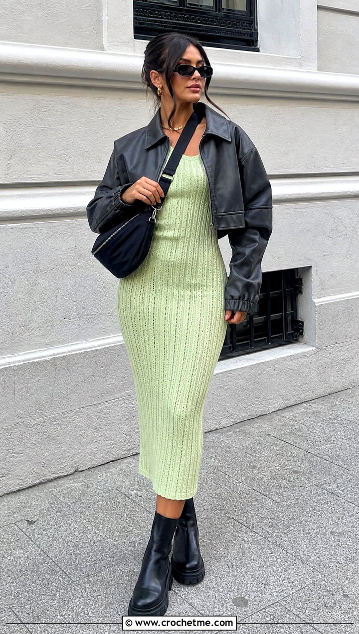 Pastel Ribbed Bodycon Dress With Leather Bomber - 15 Pastel Crochet Dress Design outfit ideas