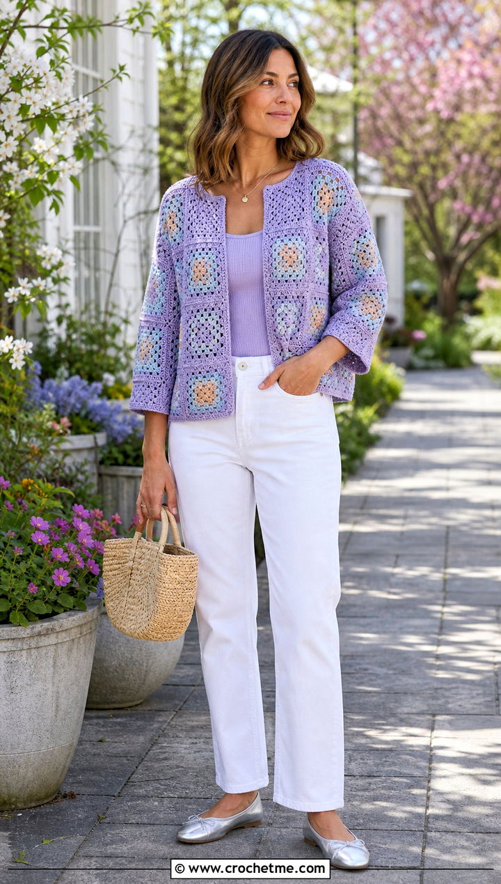 Pastel Square Cardigan With White Denim - 30 crochet square cardigan outfit ideas