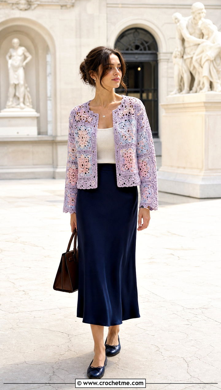 Pastel Square Jacket With Bias Cut Skirt - 30 crochet square jacket outfit ideas