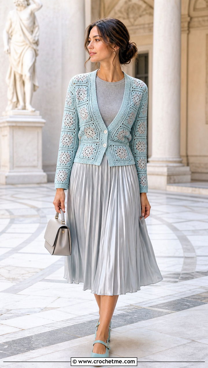 Pastel Square Patch Crochet Cardigan With Pleated Midi Skirt - 25 Square Patch Crochet Cardigan outfit ideas