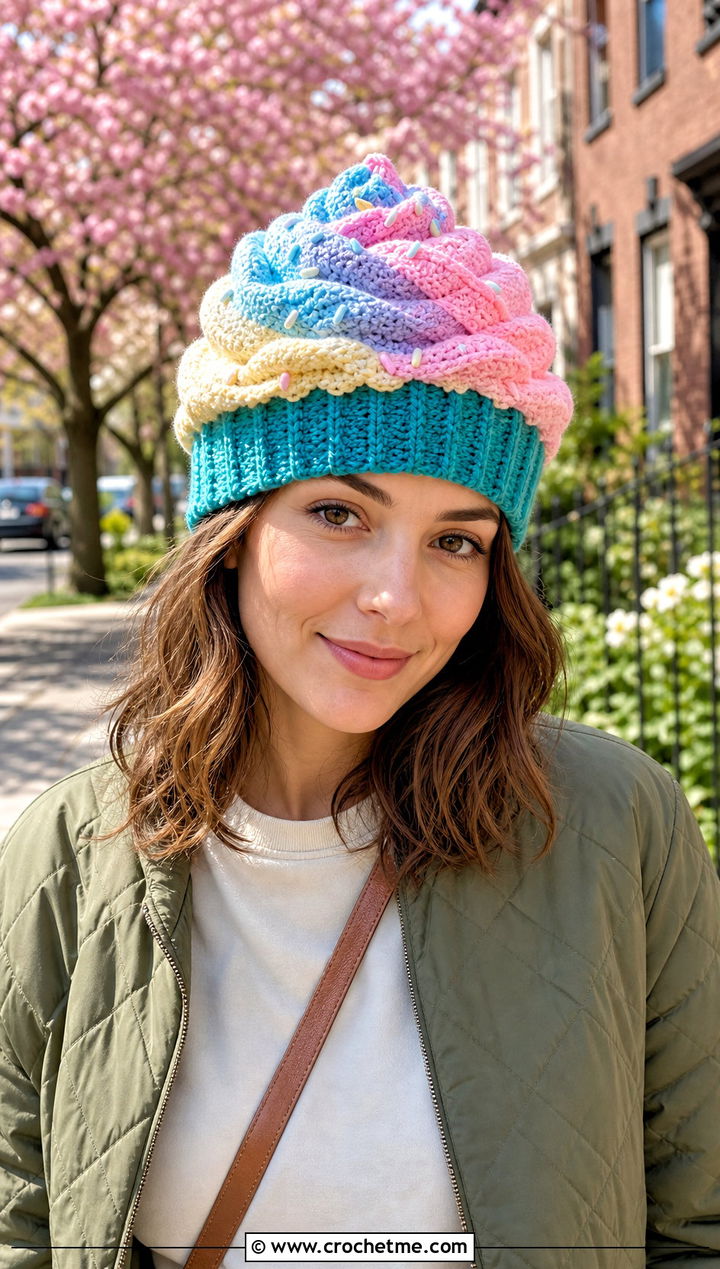 Pastel Swirl Crochet Cupcake Hat With Quilted Jacket - 30 crochet cupcake hat outfit ideas