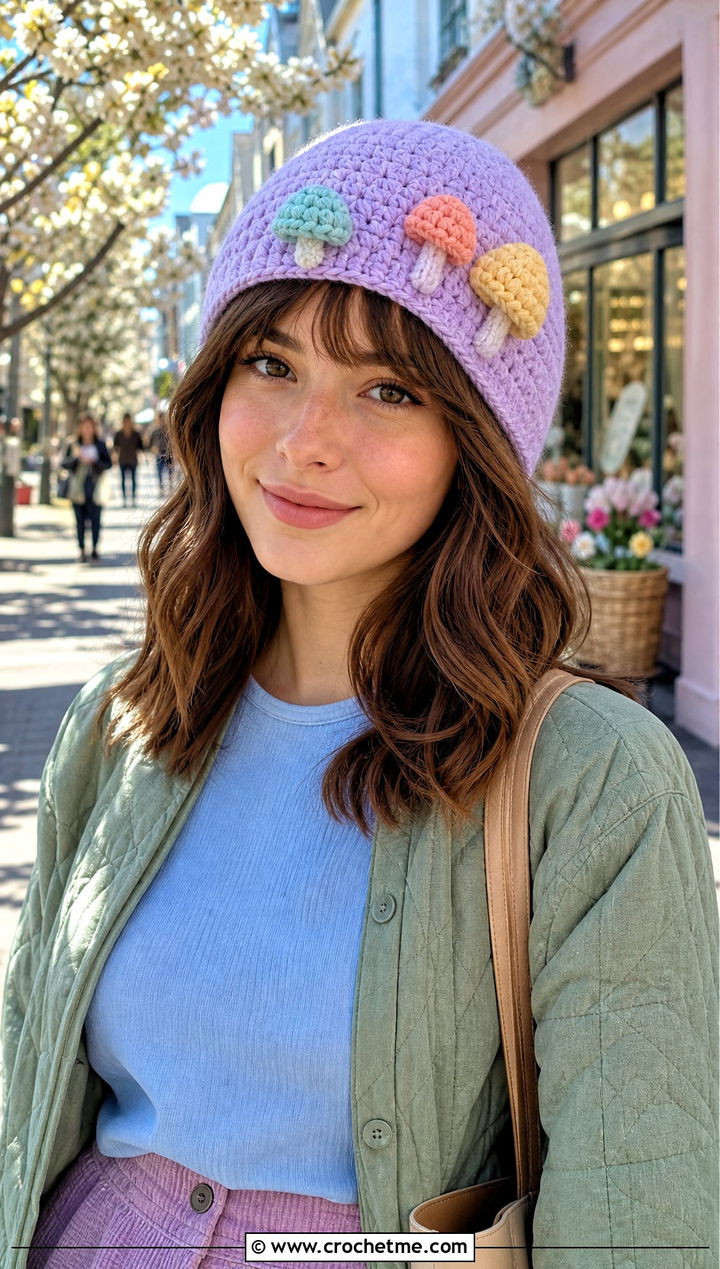 Pastel Toadstool Beanie With Quilted Jacket And Corduroy Skirt - 20 crochet mushroom beanie outfit ideas