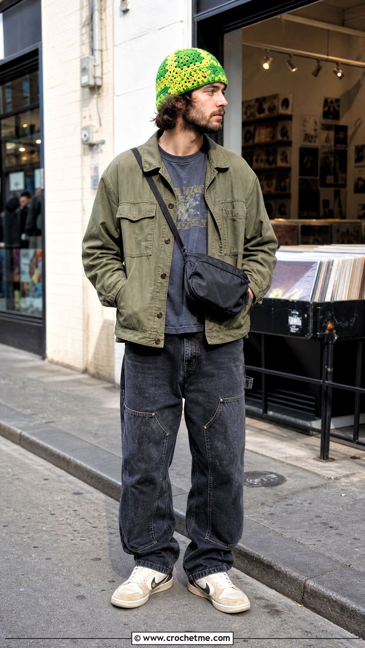 Patch Crochet Beanie With Utility Jacket And Graphic T Shirt - 35 crochet beanie for men outfit ideas