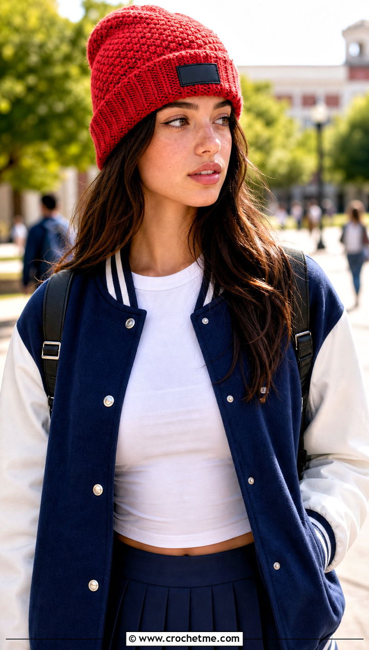 Patch Moss Stitch Beanie With Varsity Jacket - 20 Crochet Moss Stitch Beanie outfit ideas