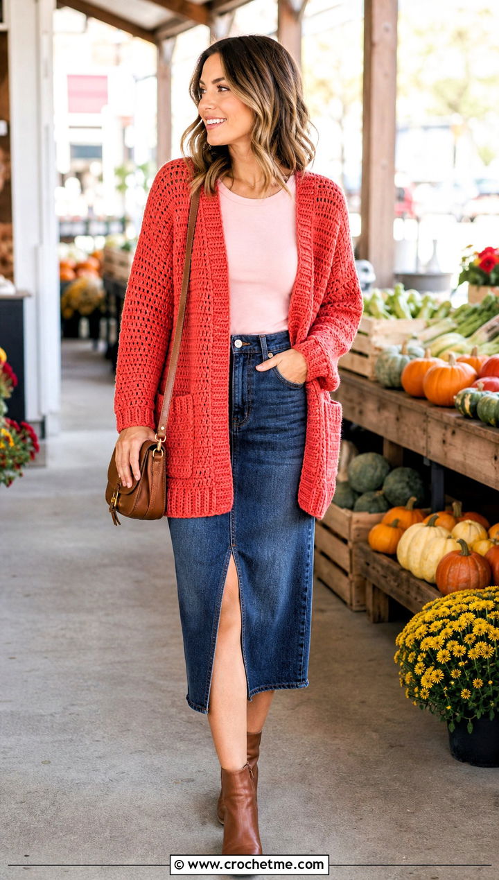Patch Pocket Chunky Crochet Cardigan With Denim Midi Skirt - 15 Chunky Yarn Crochet Cardigan outfit ideas
