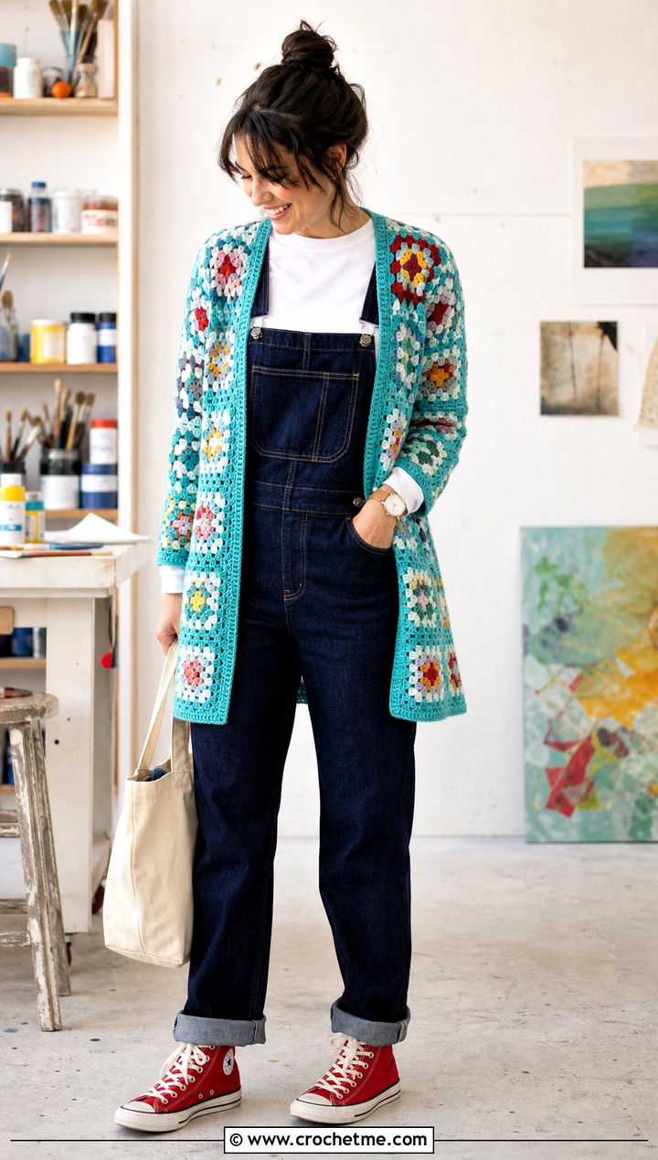 Patch Pocket Continuous Granny Square Cardigan With Overalls - 25 continuous granny square cardigan outfit ideas