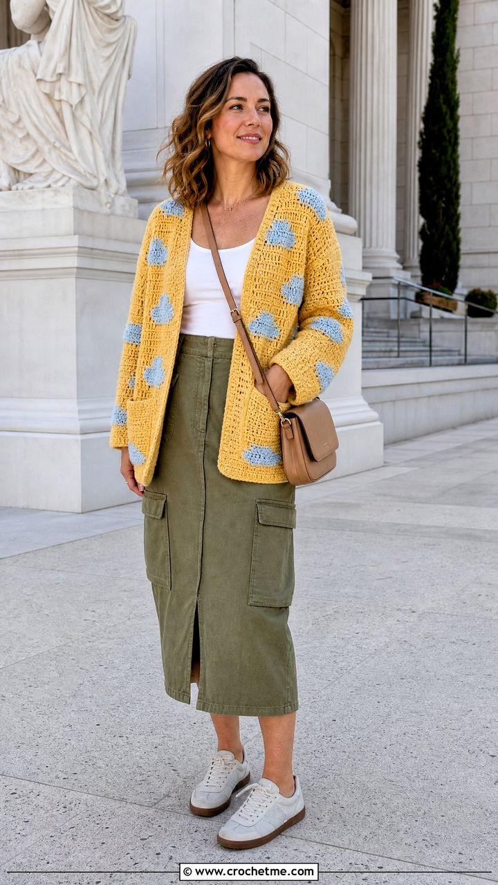 Patch Pocket Crochet Cloud Cardigan With Utility Skirt - 35 crochet cloud cardigan outfit ideas