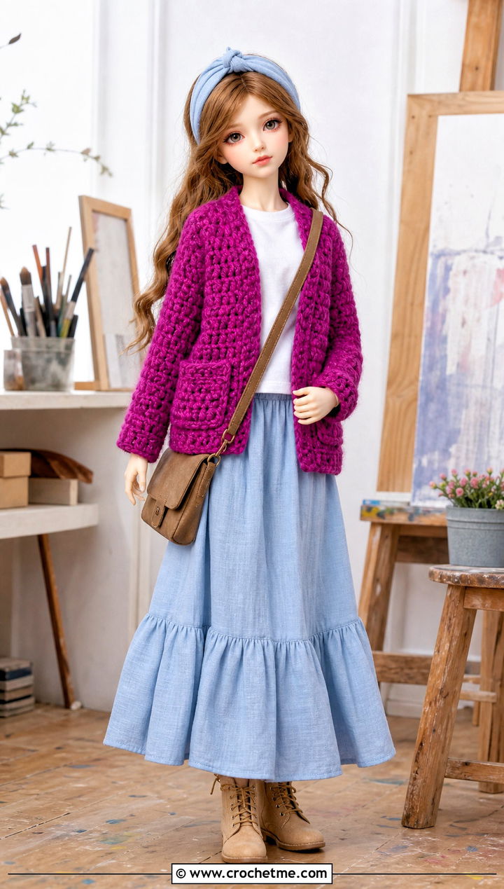 Patch Pocket Crochet Doll Jacket With A Maxi Skirt - 30 crochet doll jacket outfit ideas