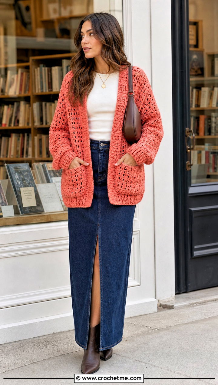 Patch Pocket Crochet Grandpa Sweater With Denim Maxi Skirt - 25 Crochet Grandpa Sweater outfit ideas