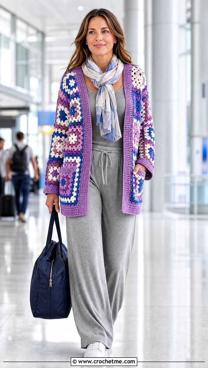 Patch Pocket Crochet Patched Cardigan With Knit Travel Set - 20 Crochet Patched Cardigan outfit ideas