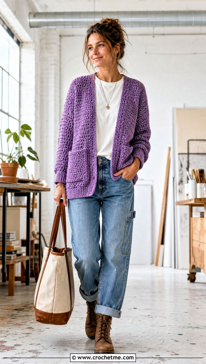 Patch Pocket Crochet Sweater With Carpenter Jeans - 25 Boho Crochet Sweater outfit ideas