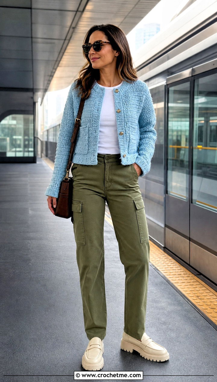 Patch Pocket Crochet Tweed Jacket With Cargo Pants - 30 crochet tweed jacket outfit ideas