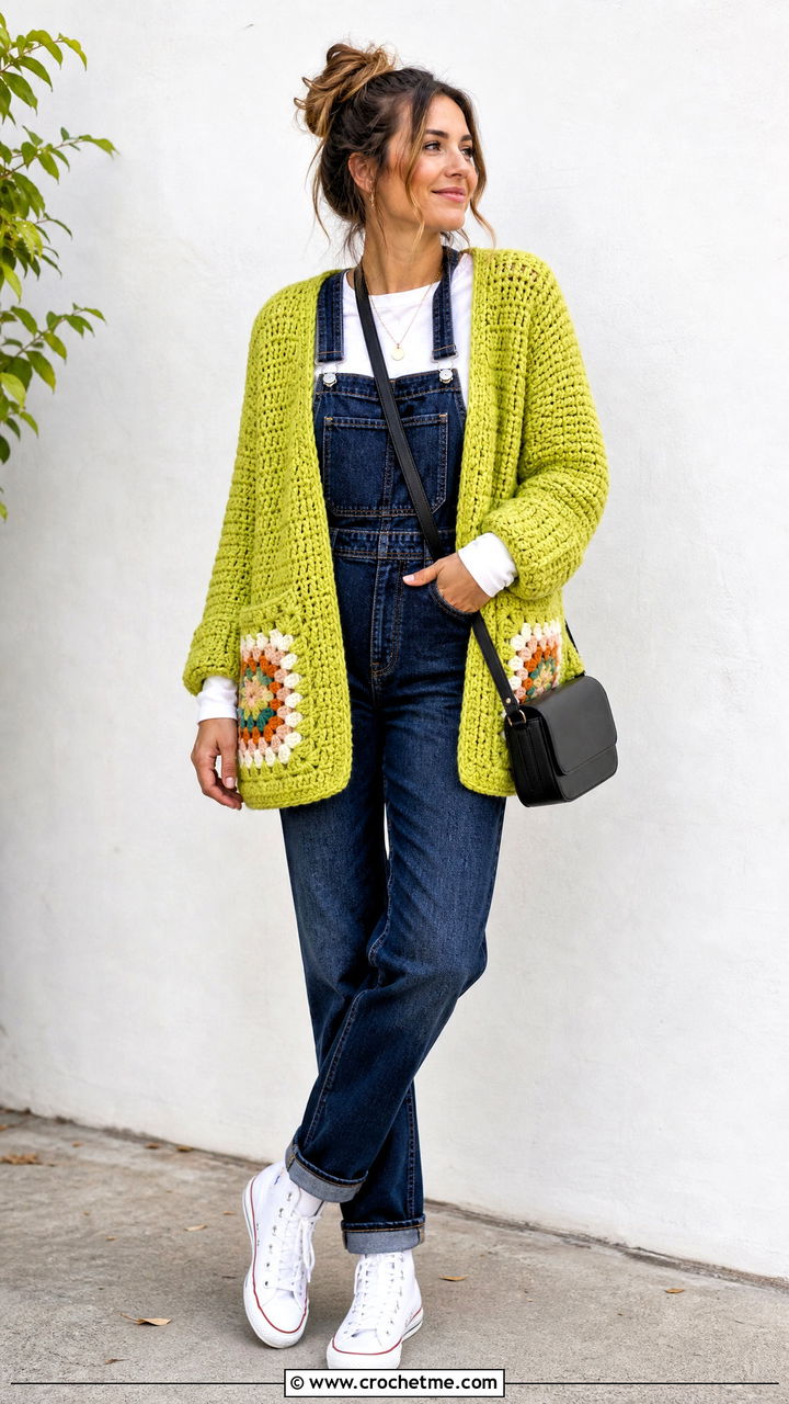 Patch Pocket Granny Cardigan With Denim Overalls - 35 crochet granny cardigan outfit ideas