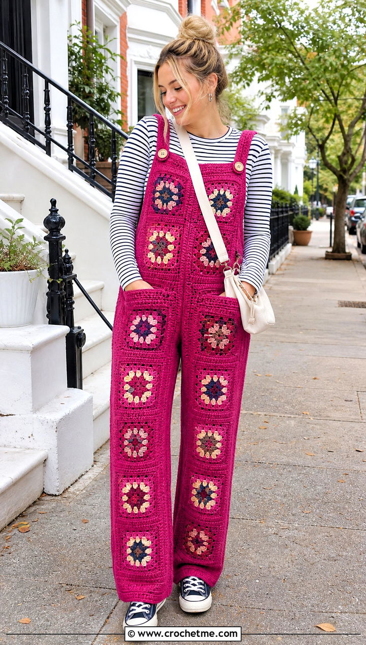 Patch Pocket Granny Square Crochet Overalls With Striped Top - 20 Granny Square Crochet Overalls outfit ideas
