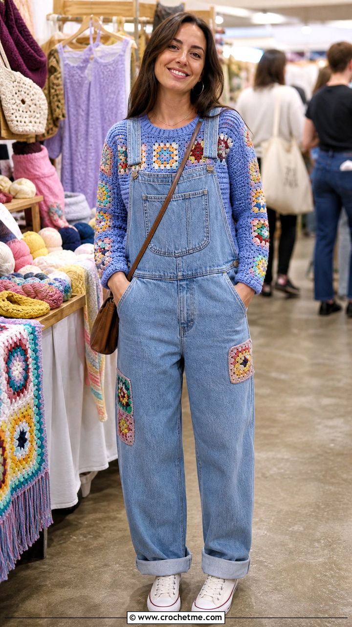 Patch Pocket Granny Square Jumper With Denim Overalls - 35 crochet granny square jumper outfit ideas