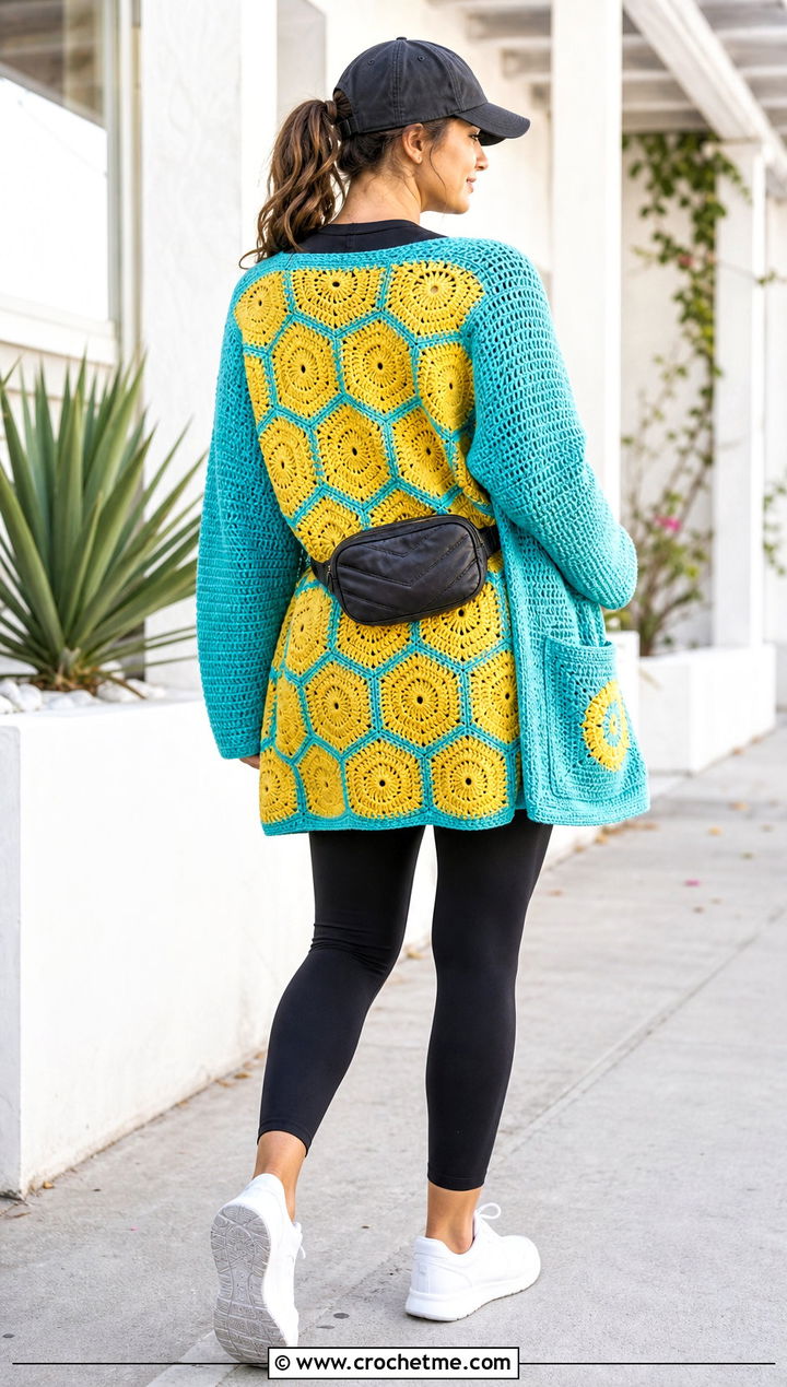 Patch Pocket Hexagon Cardigan With Granny Square Back And Leggings - 20 Hexagon Cardigan With Granny Square Back outfit ideas