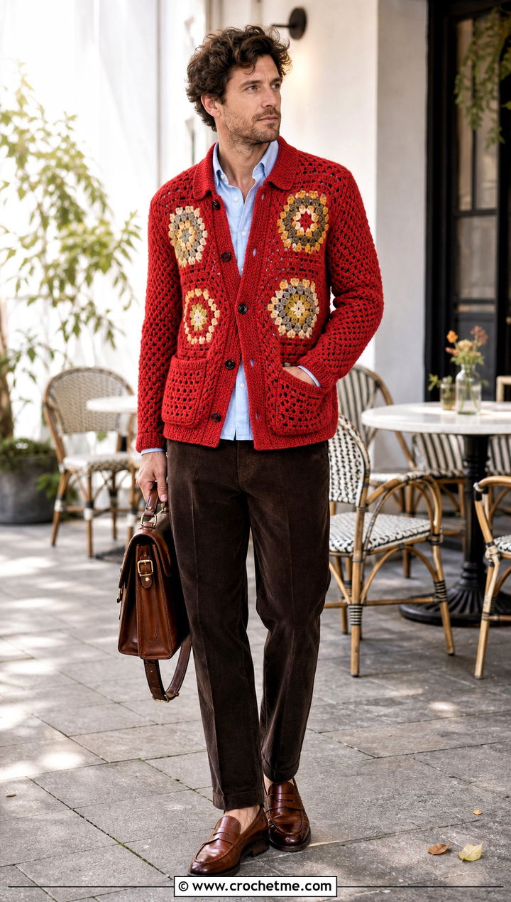 Patch Pocket Hexagon Crochet Cardigan With Oxford Shirt And Corduroy Pants - 35 men hexagon crochet cardigan outfit ideas