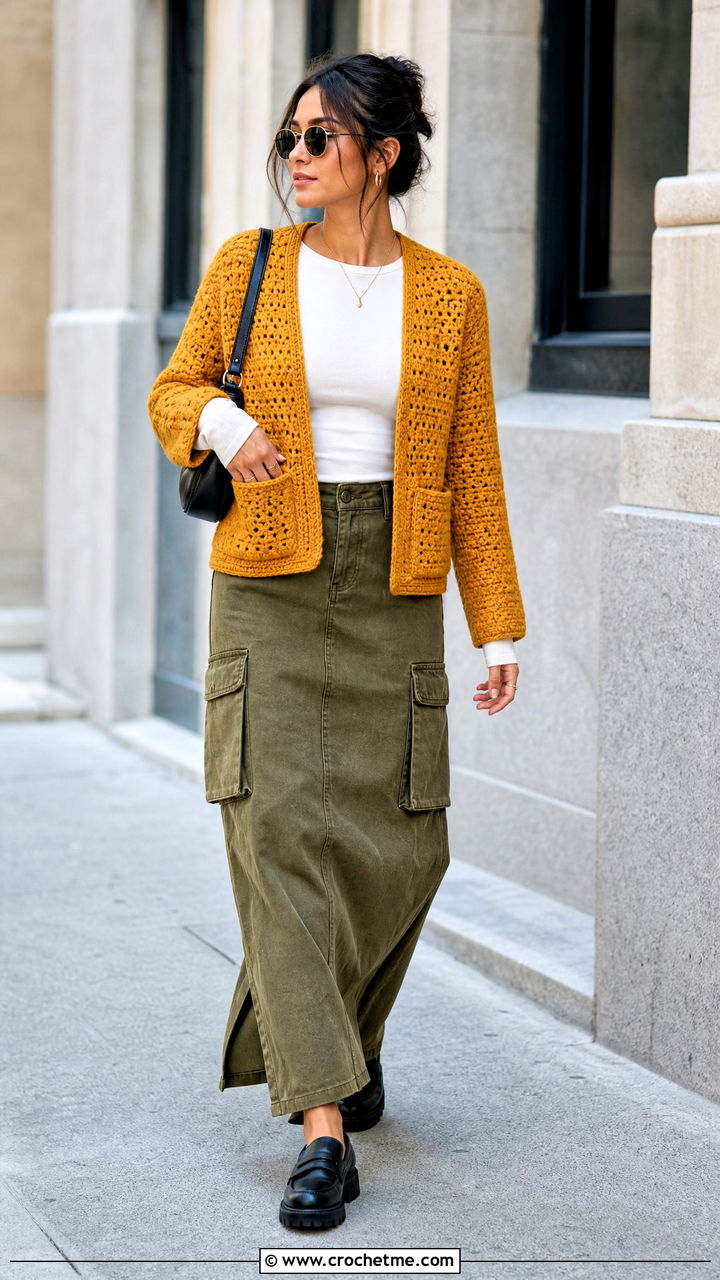 Patch Pocket Hexi Cardi With Cargo Maxi Skirt - 35 crochet hexi cardi outfit ideas