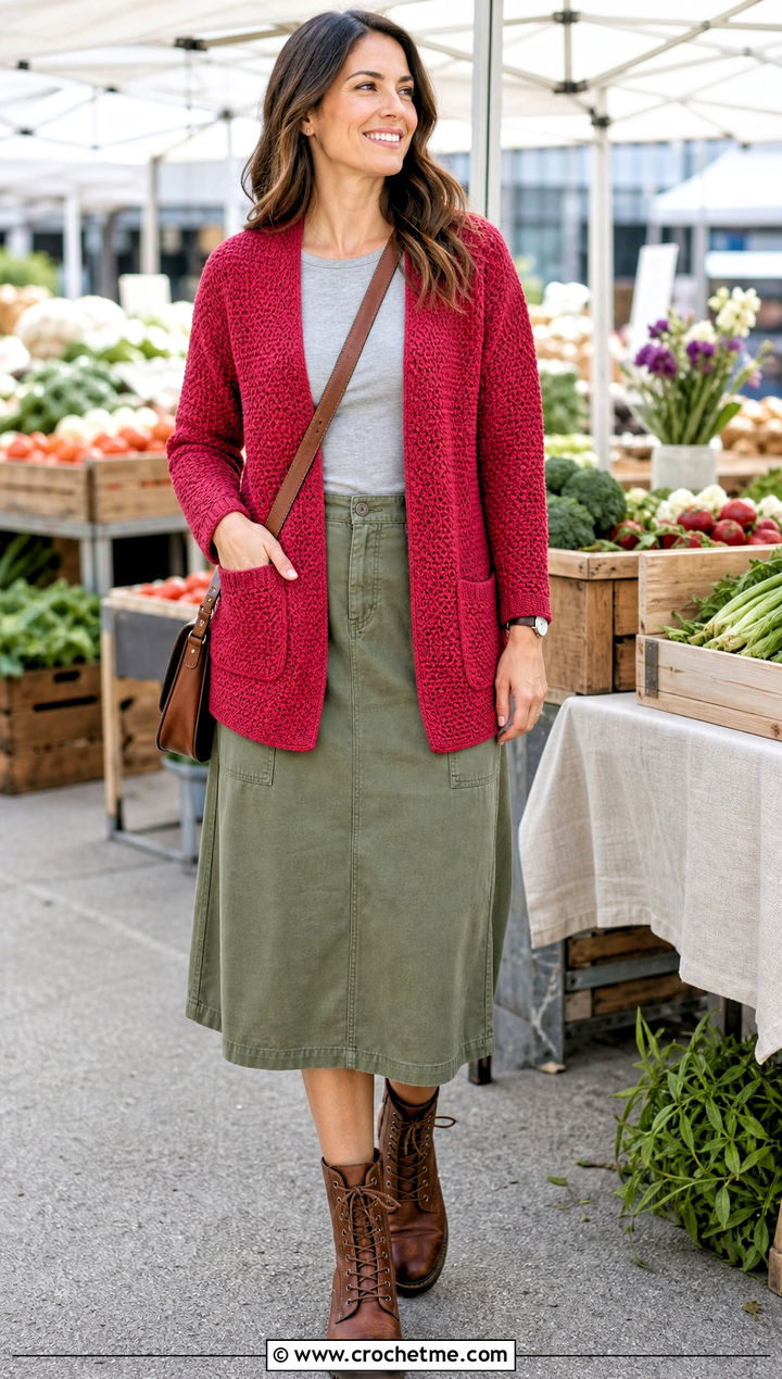 Patch Pocket Moss Stitch Cardigan With Utility Skirt - 30 crochet moss stitch cardigan outfit ideas