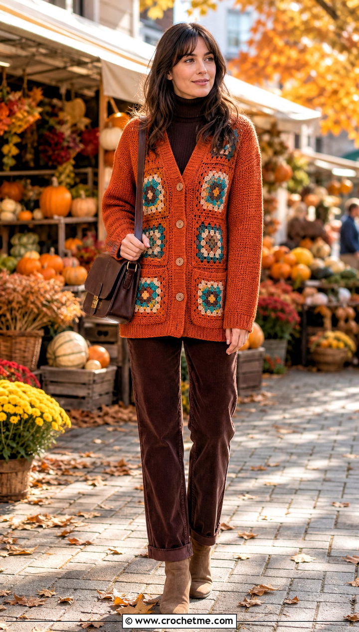 Patch Pocket Oversized Granny Square Sweater With Corduroy Pants - 30 oversized granny square sweater outfit ideas