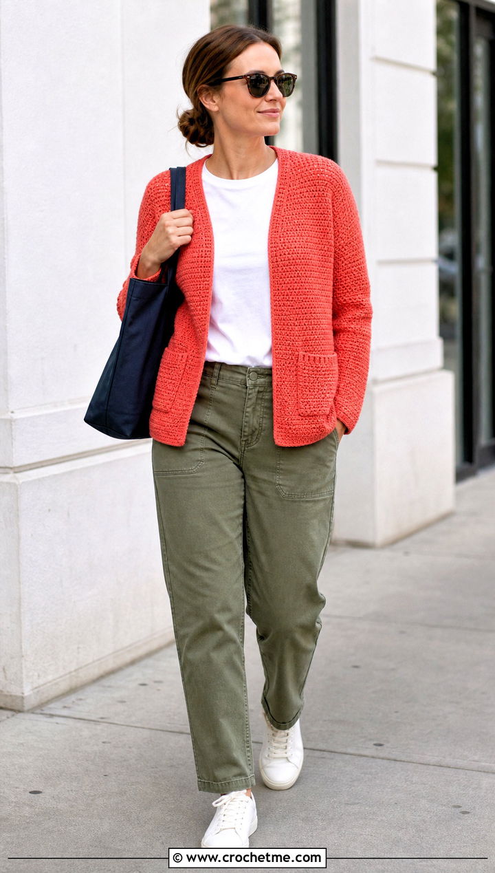 Patch Pocket Single Crochet Cardigan With Utility Pants - 25 single crochet cardigan outfit ideas