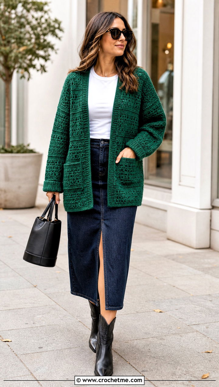 Patch Pocket Solid Granny Square Cardigan With Denim Midi Skirt - 20 Crochet Solid Granny Square Cardigan outfit ideas