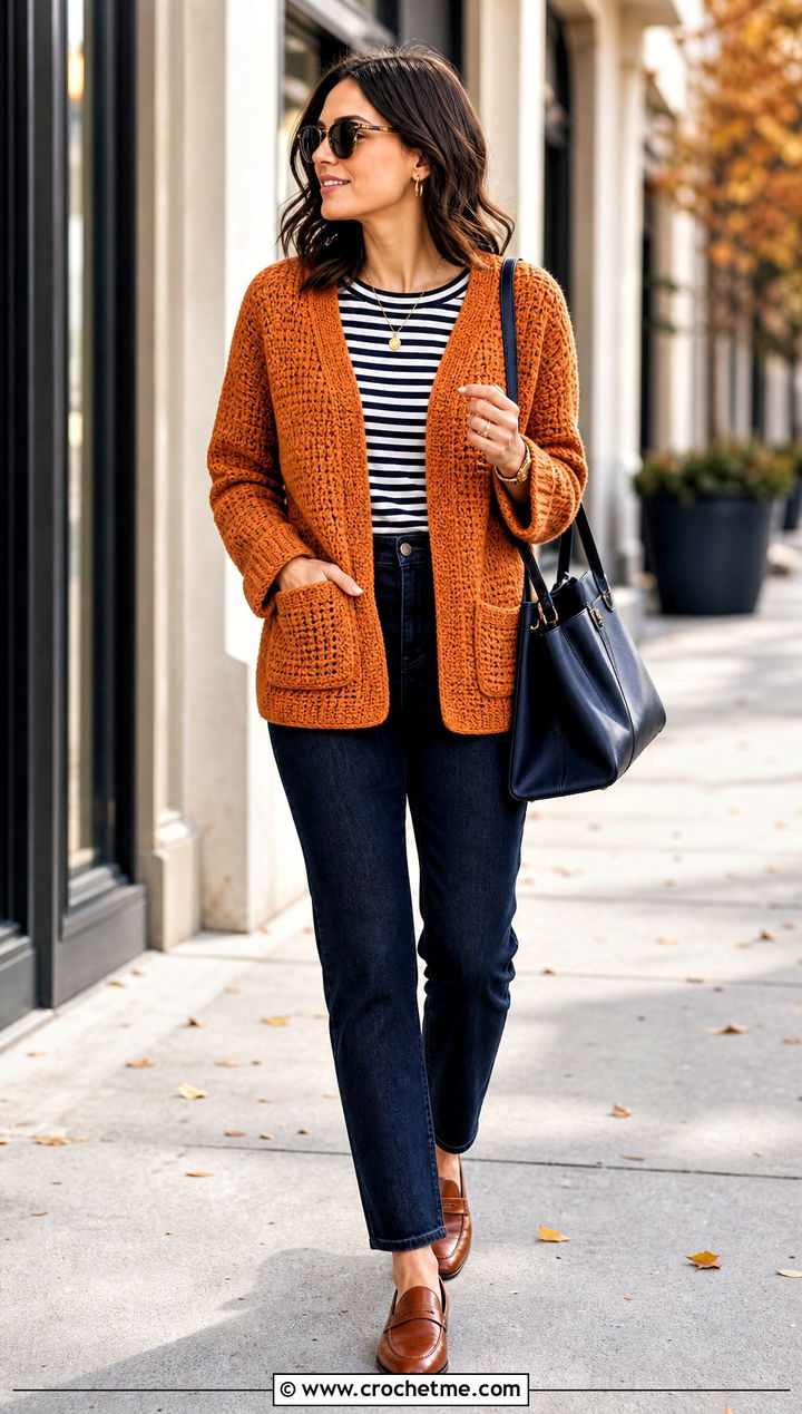 Patch Pocket Solid Hexagon Cardigan With Straight Jeans - 30 crochet solid hexagon cardigan outfit ideas