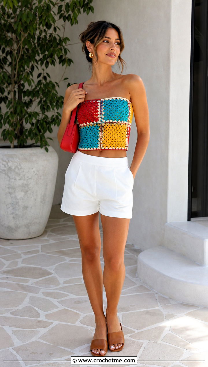 Patchwork Rectangle Crochet Top With Tailored Shorts - 20 2 Rectangle Crochet Top outfit ideas