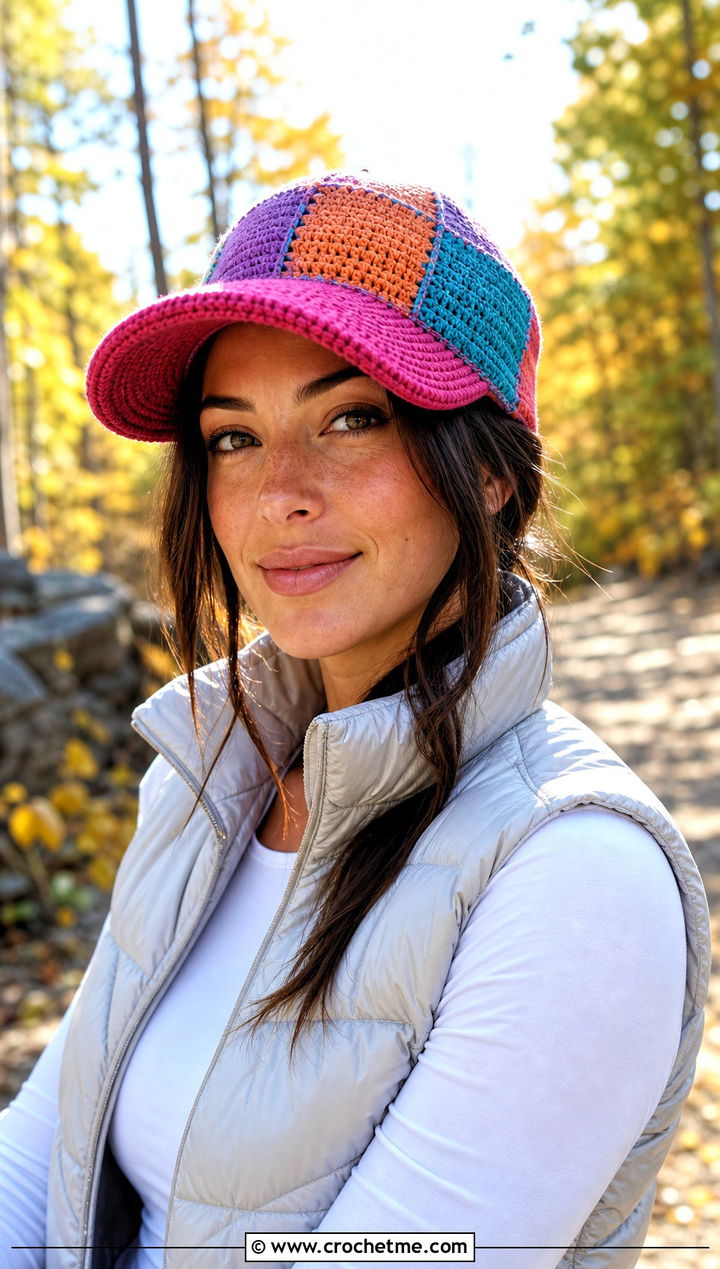 Patchwork Amigurumi Baseball Cap With Puffer Vest - 25 amigurumi baseball cap outfit ideas