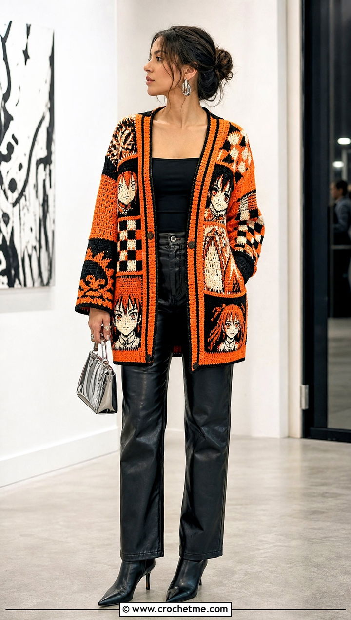 Patchwork Anime Crochet Cardigan With Leather Pants - 30 anime crochet cardigan outfit ideas