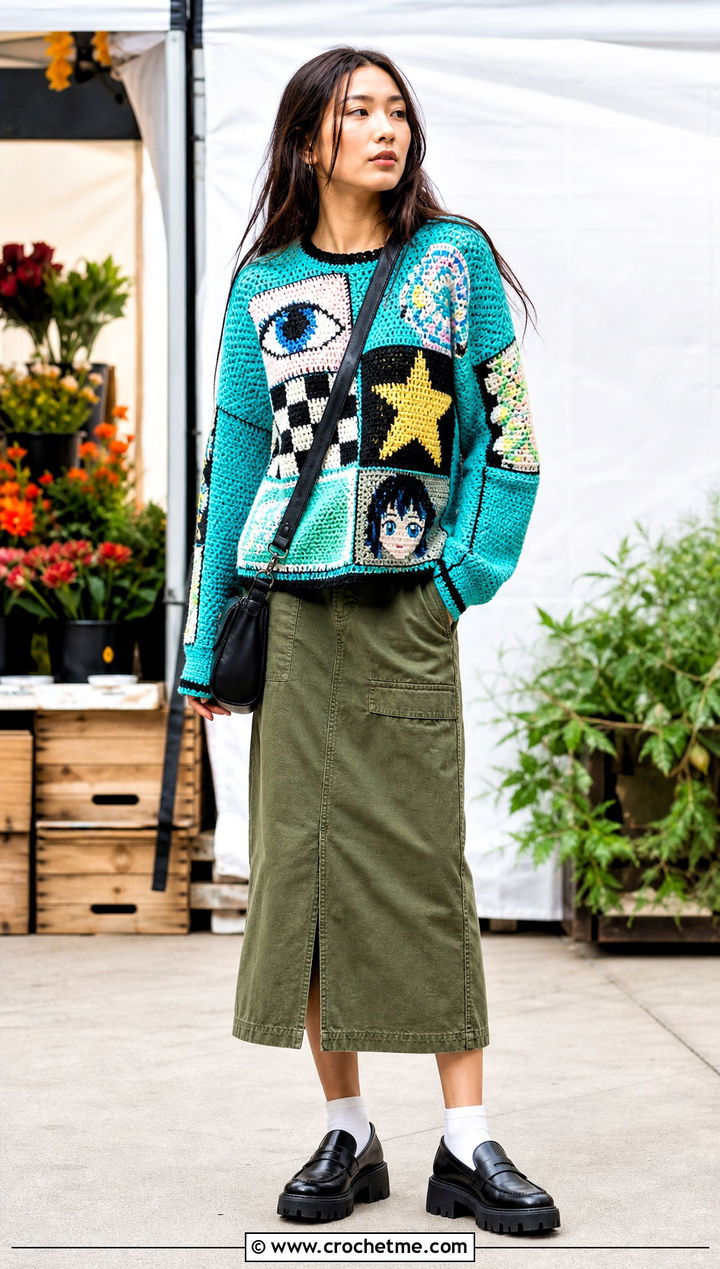 Patchwork Anime Crochet Sweater With Utility Skirt - 30 Anime Crochet Sweater outfit ideas