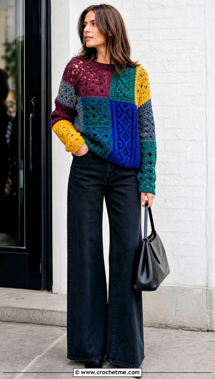 Patchwork Aran Irish Sweater With Black Wide Leg Jeans - 25 Crochet Irish Sweater outfit ideas