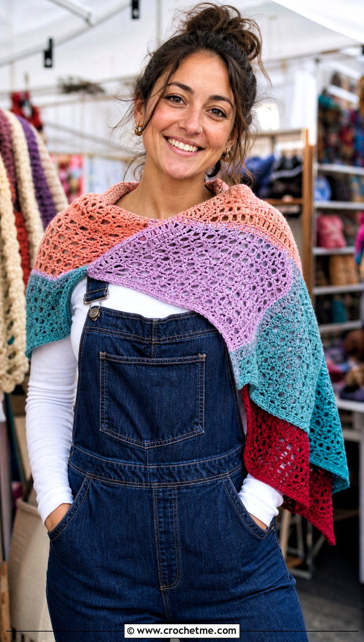 Patchwork Asymmetrical Crochet Shawl With Overalls And Sneakers - 30 asymmetrical crochet shawl outfit ideas