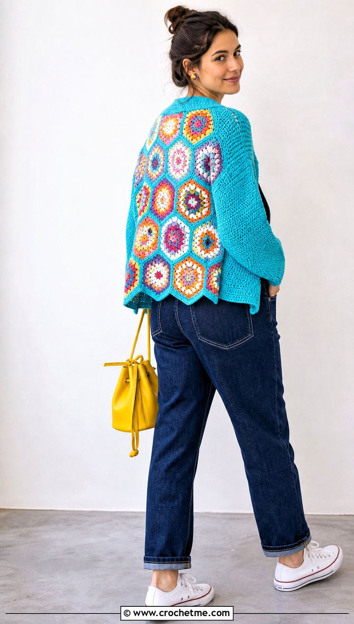 Patchwork Back Hexagon Cardigan With Denim Overalls - 35 granny square hexagon cardigan outfit ideas