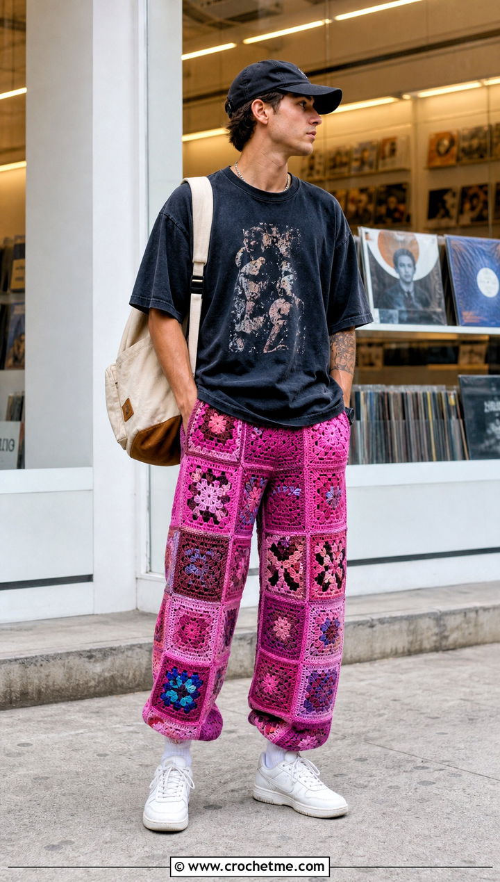 Patchwork Baggy Crochet Pants With Graphic T Shirt - 30 mens crochet pants outfit ideas