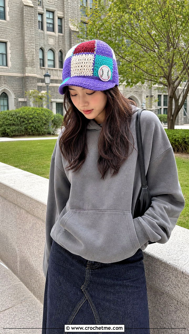 Patchwork Baseball Crochet Beanie With Hoodie And Midi Skirt - 15 Baseball Crochet Beanie outfit ideas