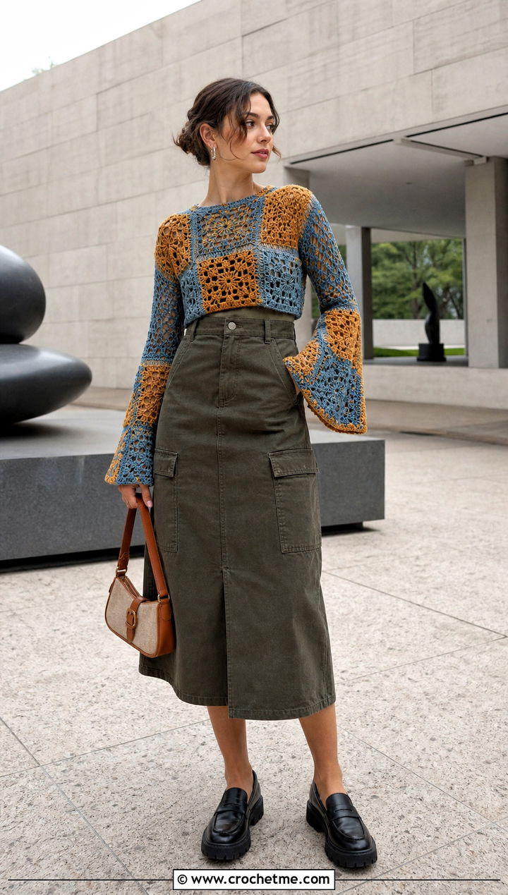 Patchwork Bell Sleeve Crochet Sweater With Utility Skirt - 25 crochet sweater bell sleeves outfit ideas