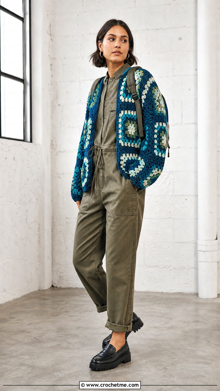 Patchwork Big Granny Square Sweater With Utility Jumpsuit - 35 big granny square sweater outfit ideas