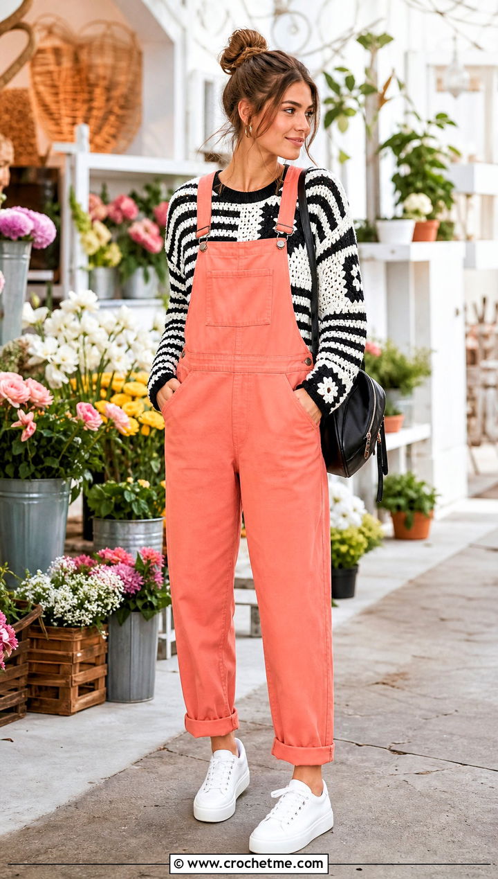 Patchwork Black And White Striped Crochet Sweater With Overalls - 25 black and white striped crochet sweater outfit ideas