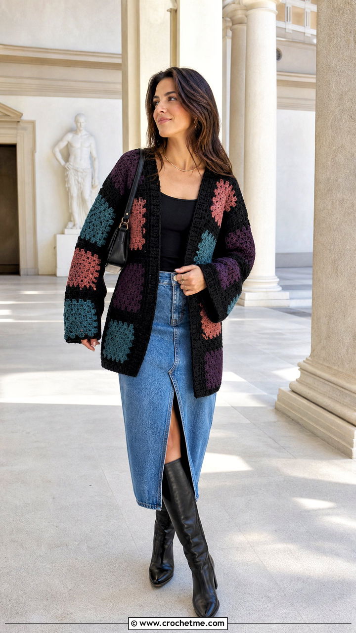 Patchwork Black Crochet Cardigan With Denim Midi Skirt - 35 black crochet cardigan outfit ideas