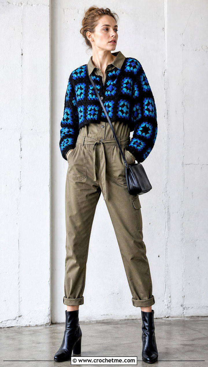Patchwork Black Granny Square Sweater Over A Utility Jumpsuit - 25 black granny square sweater outfit ideas