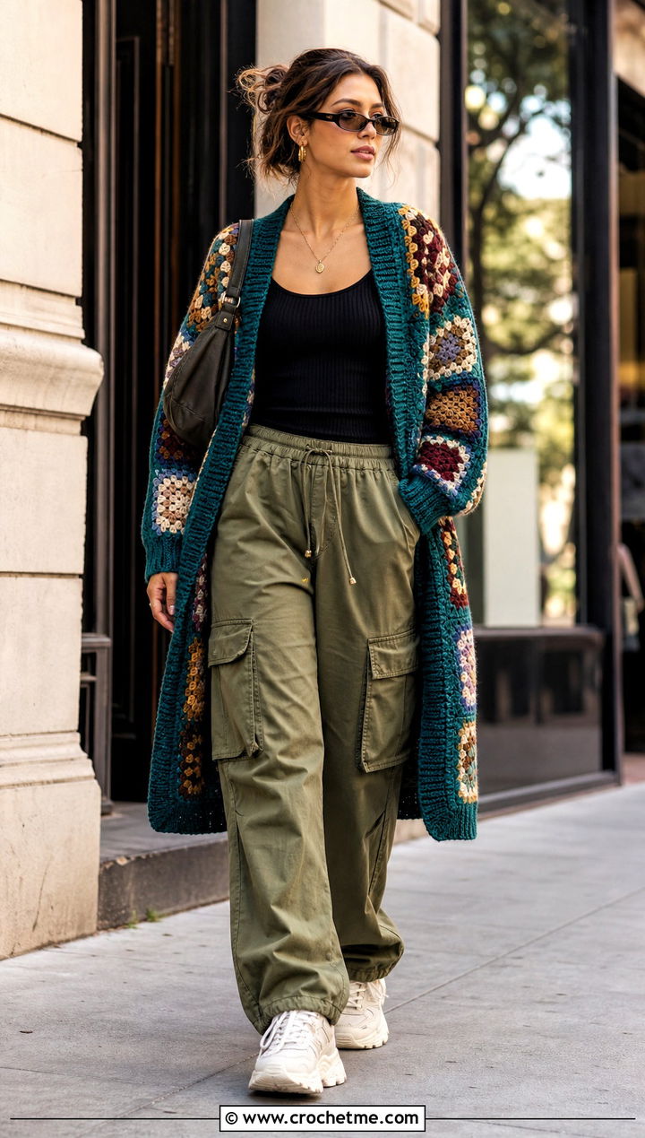 Patchwork Blanket Cardigan With Cargo Pants - 30 crochet blanket sweater outfit ideas